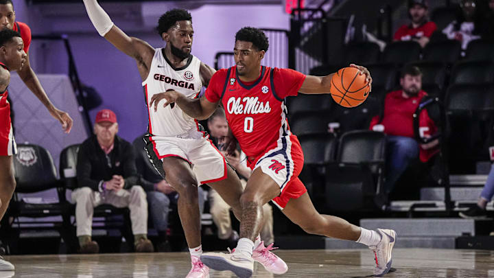 Mar 5, 2024; Athens, Georgia, USA; Mississippi Rebels guard Brandon Murray (0) dribbles against