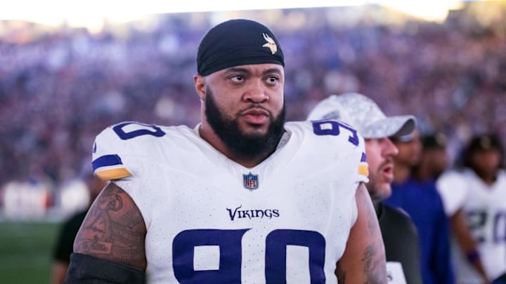 Jan 13, 2025; Glendale, AZ, USA; Minnesota Vikings defensive lineman Jonathan Bullard (90) against the Los Angeles Rams during an NFC wild card game at State Farm Stadium. Mandatory Credit: Mark J. Rebilas-Imagn Images