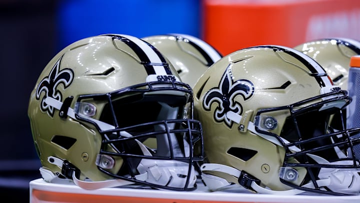 Aug 23, 2021; New Orleans, Louisiana, USA;  New Orleans Saints helmets during the game between the New Orleans Saints and the Jacksonville Jaguars during the first half at Caesars Superdome. Mandatory Credit: Stephen Lew-Imagn Images