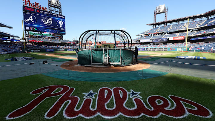 Oct 11, 2023; Philadelphia, Pennsylvania, USA; A view of the Phillies logo painted on the field before game three of the NLDS for the 2023 MLB playoffs between the Philadelphia Phillies and the Atlanta Braves at Citizens Bank Park. Mandatory Credit: Bill Streicher-Imagn Images Oct 11, 2023; Philadelphia, Pennsylvania, USA; A view of the Phillies logo painted on the field before game three of the NLDS for the 2023 MLB playoffs between the Philadelphia Phillies and the Atlanta Braves at Citizens Bank Park. Mandatory Credit: Bill Streicher-Imagn Images