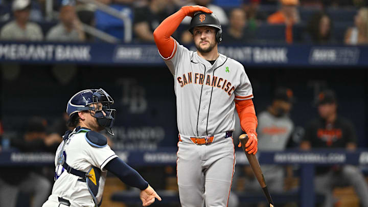May 1, 2026; St. Petersburg, Florida, USA; San Francisco Giants catcher Patrick Bailey (14) reacts to a strike during the third inning against Tampa Bay Rays at Tropicana Field. Mandatory Credit: Pablo Robles-Imagn Images