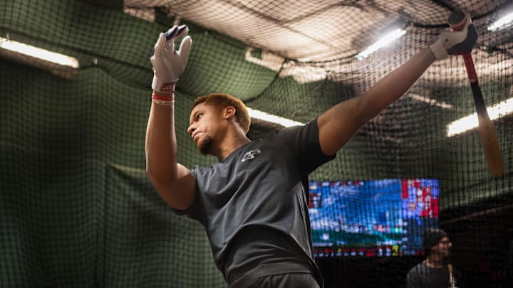 Red Sox prospect Kristian Campbell takes some swings inside the batting cage at Fenway Park. Red Sox prospect Kristian Campbell takes some swings inside the batting cage at Fenway Park.