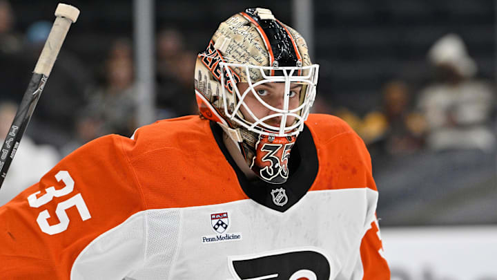 Sep 29, 2025; Boston, Massachusetts, USA;  Philadelphia Flyers goaltender Aleksei Kolosov (35) warms up before a game against the Boston Bruins at TD Garden. 