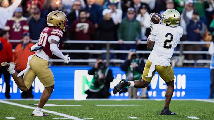 Nov 1, 2025; Chestnut Hill, Massachusetts, USA; Notre Dame Fighting Irish wide receiver Will Pauling (2) catches a pass against Boston College Eagles defensive back TJ Green (30) in the second quarter at Alumni Stadium. Mandatory Credit: Edward Finan-Imagn Images