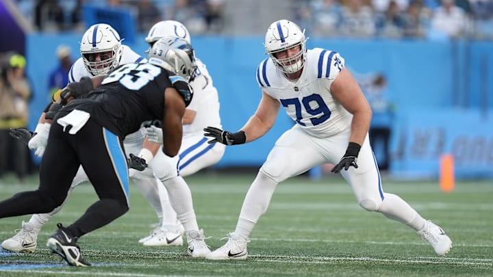 Nov 5, 2023; Charlotte, North Carolina, USA; Indianapolis Colts offensive tackle Bernhard Raimann (79) during the first quarter against the Carolina Panthers at Bank of America Stadium. Mandatory Credit: Jim Dedmon-Imagn Images Nov 5, 2023; Charlotte, North Carolina, USA; Indianapolis Colts offensive tackle Bernhard Raimann (79) during the first quarter against the Carolina Panthers at Bank of America Stadium. Mandatory Credit: Jim Dedmon-Imagn Images
