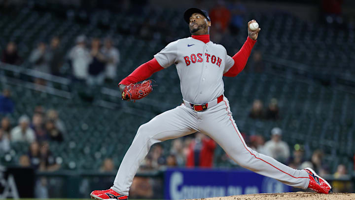 May 4, 2026; Detroit, Michigan, USA;  Boston Red Sox pitcher Aroldis Chapman (44) pitches in the ninth inning against the Detroit Tigers at Comerica Park. Mandatory Credit: Rick Osentoski-Imagn Images
