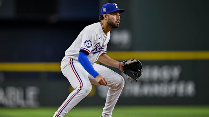 Jul 6, 2024; Arlington, Texas, USA; Texas Rangers third baseman Jonathan Ornelas (21) in action during the game between the Texas Rangers and the Tampa Bay Rays at Globe Life Field. Mandatory Credit: Jerome Miron-Imagn Images Jul 6, 2024; Arlington, Texas, USA; Texas Rangers third baseman Jonathan Ornelas (21) in action during the game between the Texas Rangers and the Tampa Bay Rays at Globe Life Field. Mandatory Credit: Jerome Miron-Imagn Images