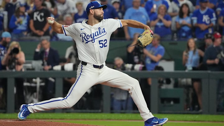 Oct 10, 2024; Kansas City, Missouri, USA; Kansas City Royals pitcher Michael Wacha (52) throws during the first inning against the New York Yankees during game four of the ALDS for the 2024 MLB Playoffs at Kauffman Stadium. Mandatory Credit: Denny Medley-Imagn Images Oct 10, 2024; Kansas City, Missouri, USA; Kansas City Royals pitcher Michael Wacha (52) throws during the first inning against the New York Yankees during game four of the ALDS for the 2024 MLB Playoffs at Kauffman Stadium. Mandatory Credit: Denny Medley-Imagn Images