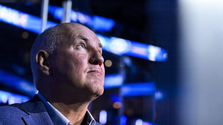 Nov 29, 2025; St. Louis, Missouri, USA; St. Louis Blues general manager Doug Armstrong looks on before a game against the Utah Mammoth at Enterprise Center. Mandatory Credit: Jeff Curry-Imagn Images