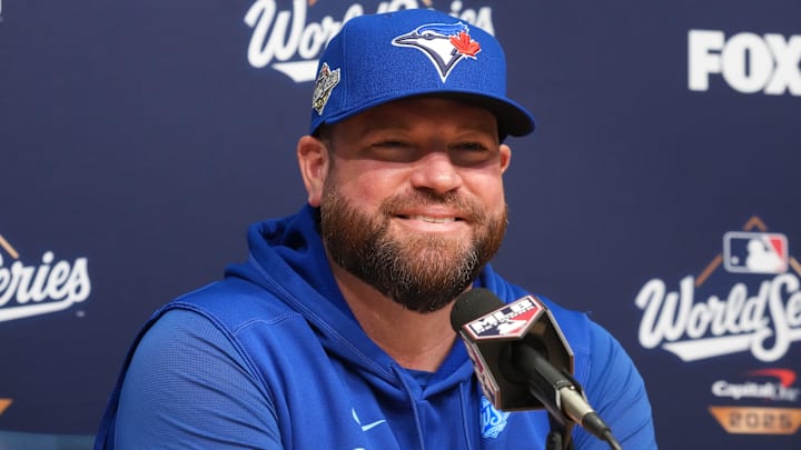 Oct 29, 2025; Los Angeles, California, USA;Toronto Blue Jays manager John Schneider at press conference during game five of the 2025 MLB World Series at Dodger Stadium. Oct 29, 2025; Los Angeles, California, USA;Toronto Blue Jays manager John Schneider at press conference during game five of the 2025 MLB World Series at Dodger Stadium.
