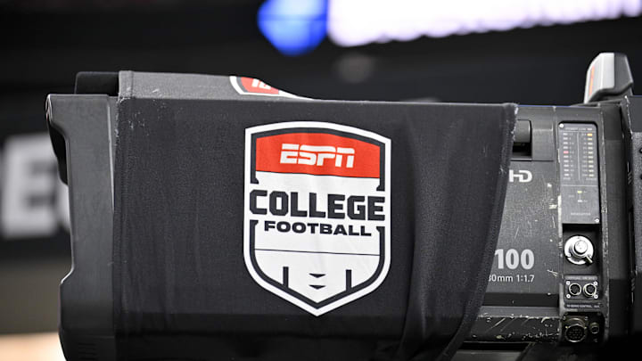 Dec 6, 2025; Arlington, TX, USA; A view of a tv camera and the ESPN college football logo before the game between the Texas Tech Red Raiders and the BYU Cougars at AT&T Stadium. Mandatory Credit: Jerome Miron-Imagn Images