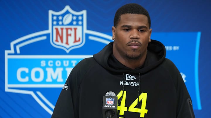 Feb 27, 2025; Indianapolis, IN, USA; Penn State defensive lineman Abdul Carter (DL44) during the 2025 NFL Scouting Combine at the Indiana Convention Center. Feb 27, 2025; Indianapolis, IN, USA; Penn State defensive lineman Abdul Carter (DL44) during the 2025 NFL Scouting Combine at the Indiana Convention Center.