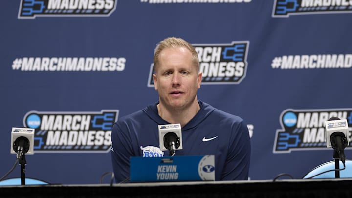 Mar 18, 2026; Portland, OR, USA; BYU Cougars head coach Kevin Young answers questions during a press conference before a practice session ahead of the first round of the men's 2026 NCAA Tournament at Moda Center. Mandatory Credit: Troy Wayrynen-Imagn Images Mar 18, 2026; Portland, OR, USA; BYU Cougars head coach Kevin Young answers questions during a press conference before a practice session ahead of the first round of the men's 2026 NCAA Tournament at Moda Center. Mandatory Credit: Troy Wayrynen-Imagn Images