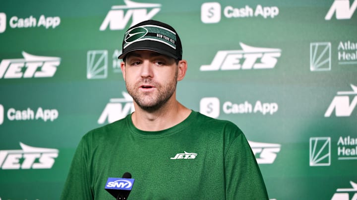 Jun 11, 2025; Florham Park, NY, USA; New York Jets offensive coordinator Tanner Engstrand speaks at a press conference during minicamp at Atlantic Health Jets Training Center. Mandatory Credit: John Jones-Imagn Images