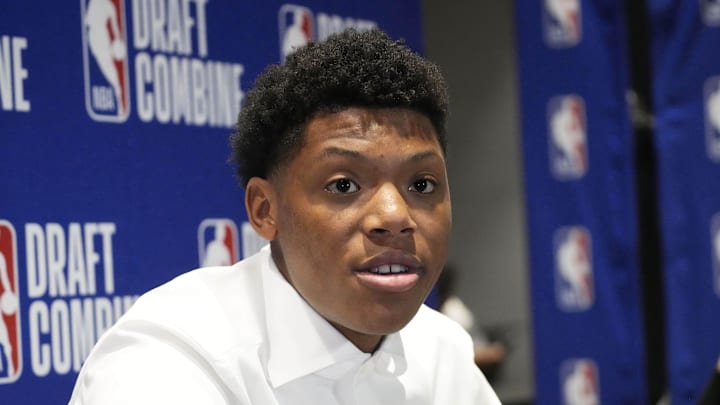 May 14, 2025; Chicago, Il, USA; Ace Bailey talks to the media during the 2025 NBA Draft Combine at Marriott Marquis Chicago. Mandatory Credit: David Banks-Imagn Images