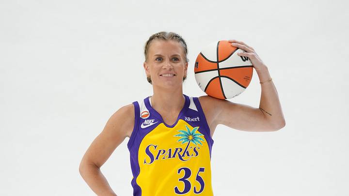 Apr 30, 2026; Los Angeles, CA, USA; LA Sparks guard Julie
Vanloo (35) poses during media day at El Camino College.  Mandatory Credit: Kirby Lee-Imagn Images