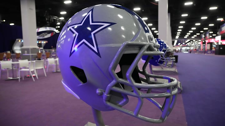 Feb 9, 2024; Las Vegas, NV, USA; A large Dallas Cowboys helmet at the NFL Experience at the Mandalay Bay South Convention Center. Mandatory Credit: Kirby Lee-Imagn Images