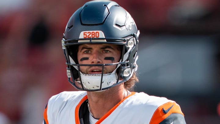 August 9, 2025; Santa Clara, California, USA; Denver Broncos quarterback Jarrett Stidham (8) before the game against the San Francisco 49ers at Levi's Stadium.