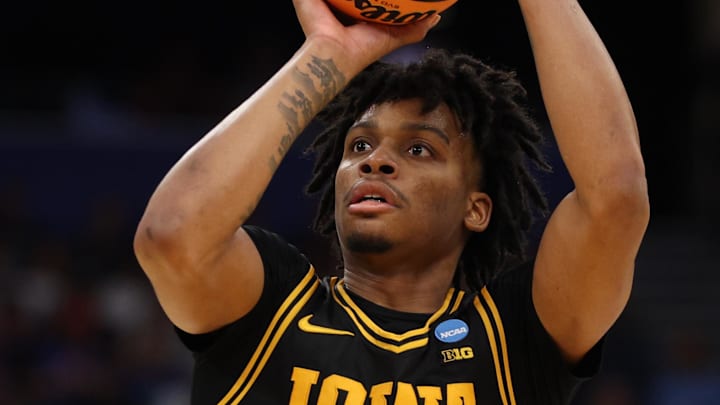Mar 22, 2026; Tampa, FL, USA; Iowa Hawkeyes guard Tavion Banks (6) shoots the ball against the Florida Gators in the second half during a second round game of the men's 2026 NCAA Tournament at Benchmark International Arena. Mandatory Credit: Nathan Ray Seebeck-Imagn Images Mar 22, 2026; Tampa, FL, USA; Iowa Hawkeyes guard Tavion Banks (6) shoots the ball against the Florida Gators in the second half during a second round game of the men's 2026 NCAA Tournament at Benchmark International Arena. Mandatory Credit: Nathan Ray Seebeck-Imagn Images