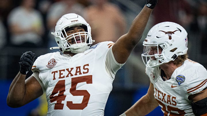 Texas Longhorns defensive lineman Vernon Broughton celebrates a quarterback sack. Texas Longhorns defensive lineman Vernon Broughton celebrates a quarterback sack.