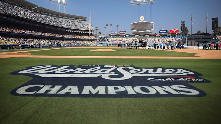 Dodger Stadium's infield shows off a display honoring the 2025 World Series champions in Los Angeles on Monday, Nov. 3, 2025. The Dodgers beat the Toronto Blue Jays in seven games to win their second straight World Series title and third in last six years. Dodger Stadium's infield shows off a display honoring the 2025 World Series champions in Los Angeles on Monday, Nov. 3, 2025. The Dodgers beat the Toronto Blue Jays in seven games to win their second straight World Series title and third in last six years.