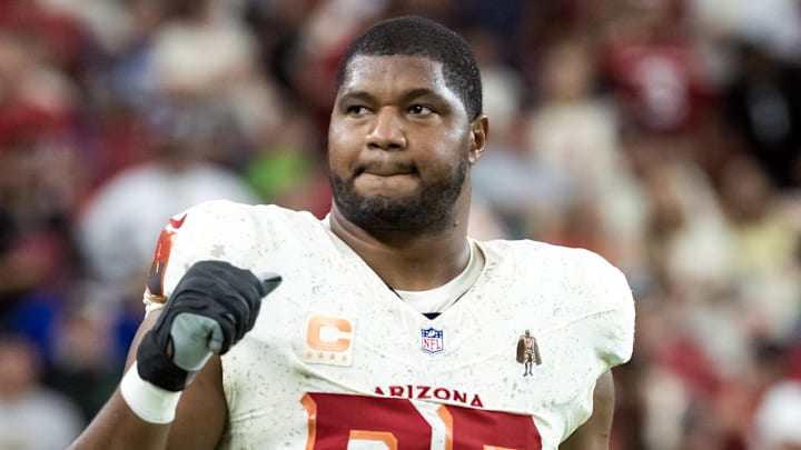 Sep 25, 2025; Glendale, Arizona, USA; Arizona Cardinals defensive lineman Calais Campbell (93) against the Seattle Seahawks at State Farm Stadium. Mandatory Credit: Mark J. Rebilas-Imagn Images