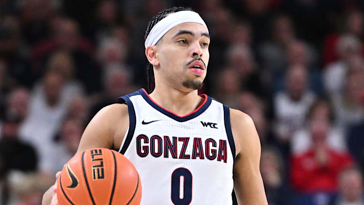 Feb 13, 2025; Spokane, Washington, USA; Gonzaga Bulldogs guard Ryan Nembhard (0) controls the ball against the San Francisco Dons in the second half at McCarthey Athletic Center. Mandatory Credit: James Snook-Imagn Images Feb 13, 2025; Spokane, Washington, USA; Gonzaga Bulldogs guard Ryan Nembhard (0) controls the ball against the San Francisco Dons in the second half at McCarthey Athletic Center. Mandatory Credit: James Snook-Imagn Images