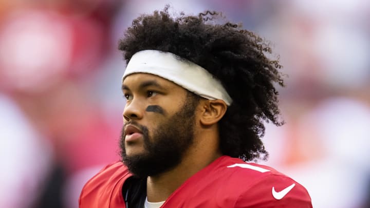 Jan 5, 2025; Glendale, Arizona, USA; Arizona Cardinals quarterback Kyler Murray (1) against the San Francisco 49ers at State Farm Stadium. Mandatory Credit: Mark J. Rebilas-Imagn Images