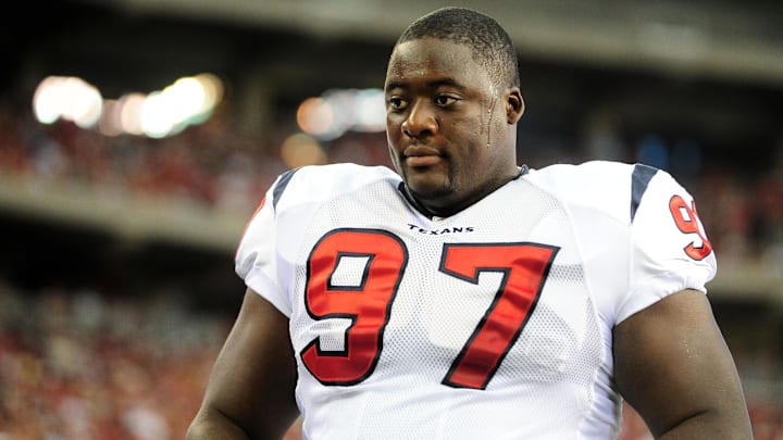 Aug. 14, 2010; Glendale, AZ, USA; Houston Texans defensive tackle Frank Okam against the Arizona Cardinals at University of Phoenix Stadium. Arizona defeated Houston 19-16. Mandatory Credit: Mark J. Rebilas-Imagn Images