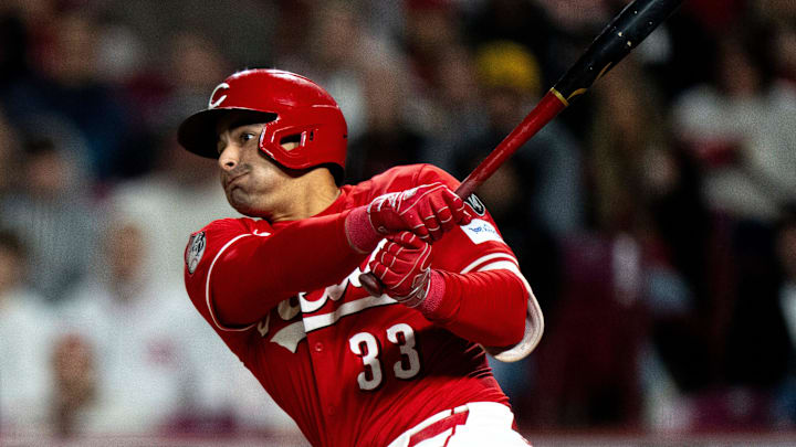 Cincinnati Reds first baseman Christian Encarnacion-Strand (33) hits a RBI double in the seventh inning of the MLB game between Cincinnati Reds and Seattle Mariners at Great American Ball Park in Cincinnati on Wednesday, April 16, 2025. Cincinnati Reds first baseman Christian Encarnacion-Strand (33) hits a RBI double in the seventh inning of the MLB game between Cincinnati Reds and Seattle Mariners at Great American Ball Park in Cincinnati on Wednesday, April 16, 2025.