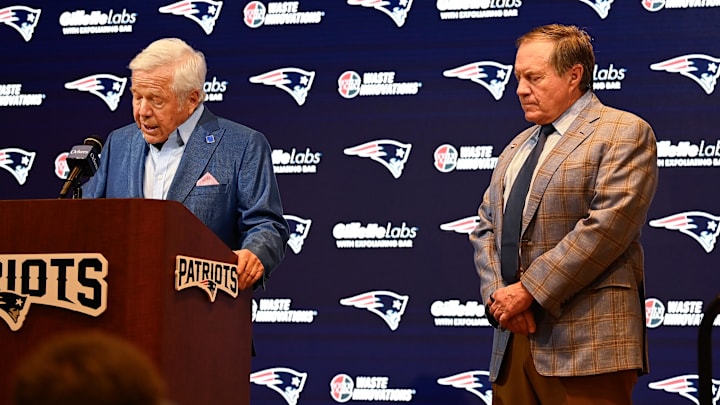 Jan 11, 2024; Foxborough, MA, USA; New England Patriots owner Robert Kraft (left) and Patriots
