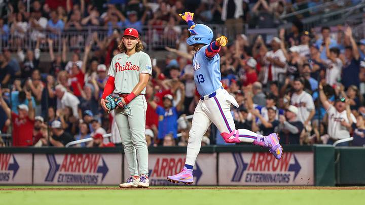 Sep 12, 2026; Cumberland, Georgia, USA; Atlanta Braves right fielder Ronald Acuna Jr. (13) celebrates hitting a home run against the Philadelphia Phillies during the fourth inning at Truist Park. Mandatory Credit: Jordan Godfree-Imagn Images Sep 12, 2026; Cumberland, Georgia, USA; Atlanta Braves right fielder Ronald Acuna Jr. (13) celebrates hitting a home run against the Philadelphia Phillies during the fourth inning at Truist Park. Mandatory Credit: Jordan Godfree-Imagn Images