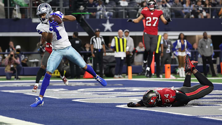 Dallas Cowboys wide receiver Jalen Tolbert catches a touchdown pass against the Tampa Bay Buccaneers.