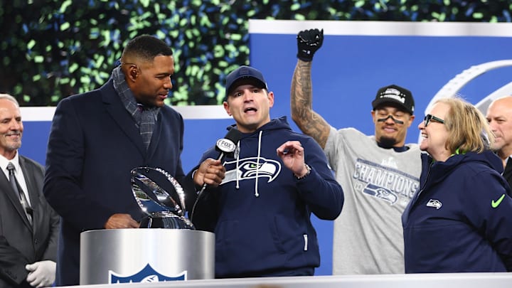 Jan 25, 2026; Seattle, WA, USA; Seattle Seahawks head coach Mike MacDonald speaks on the podium after defeating the Los Angeles Rams in the 2026 NFC Championship Game at Lumen Field. Jan 25, 2026; Seattle, WA, USA; Seattle Seahawks head coach Mike MacDonald speaks on the podium after defeating the Los Angeles Rams in the 2026 NFC Championship Game at Lumen Field.