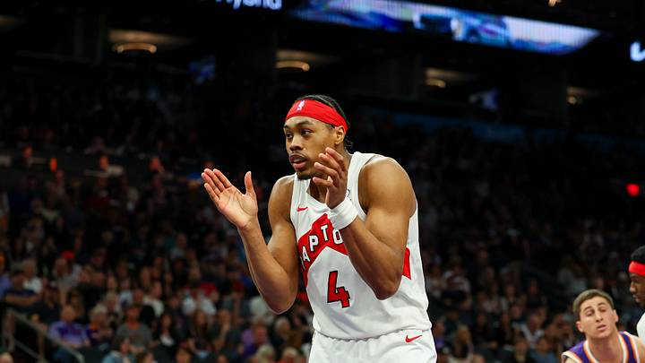 Mar 22, 2026; Phoenix, Arizona, USA; Toronto Raptors guard/forward Scottie Barnes (4) claps after making a layup against the Phoenix Suns during the second quarter at Mortgage Matchup Center. Mandatory Credit: Anna Carrington-Imagn Images Mar 22, 2026; Phoenix, Arizona, USA; Toronto Raptors guard/forward Scottie Barnes (4) claps after making a layup against the Phoenix Suns during the second quarter at Mortgage Matchup Center. Mandatory Credit: Anna Carrington-Imagn Images
