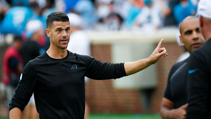 Carolina Panthers head coach, Dave Canales, on the field at Memorial Stadium during the Panthers Fan Fest in Clemson, S.C., on Thursday, Aug. 1, 2024.