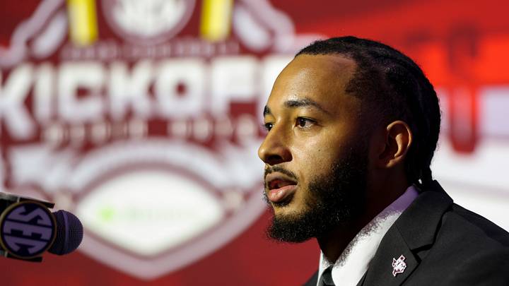 Jul 22, 2026; Tampa, FL, USA; Texas A&M Aggies linebacker Daymion Sanford (27) speaks to the press during SEC Football Kickoff Media Day at the Tampa Marriott. Mandatory Credit: Nathan Ray Seebeck-Imagn Images