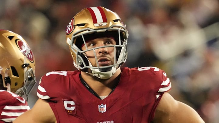 Dec 12, 2024; Santa Clara, California, USA; San Francisco 49ers defensive lineman Nick Bosa (97) between plays against the Los Angeles Rams during the third quarter at Levi's Stadium. Mandatory Credit: Kelley L Cox-Imagn Images
