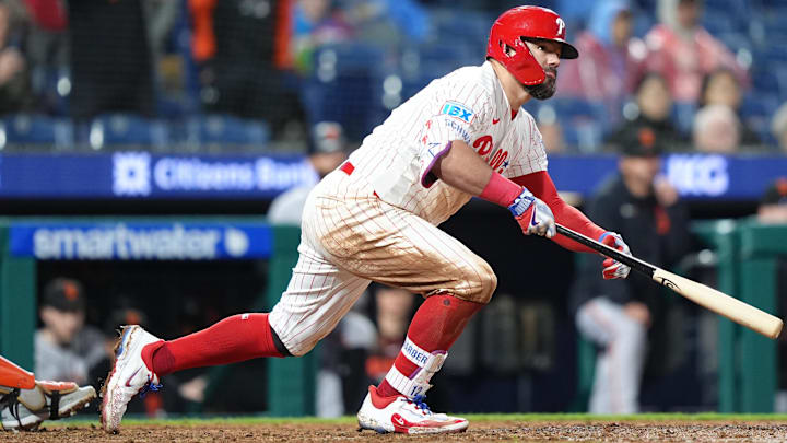 Apr 30, 2026; Philadelphia, Pennsylvania, USA; Philadelphia Phillies designated hitter Kyle Schwarber (12) hits an RBI double against the San Francisco Giants in the ninth inning at Citizens Bank Park. Apr 30, 2026; Philadelphia, Pennsylvania, USA; Philadelphia Phillies designated hitter Kyle Schwarber (12) hits an RBI double against the San Francisco Giants in the ninth inning at Citizens Bank Park.