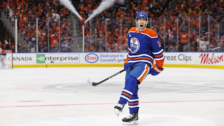 Apr 25, 2025; Edmonton, Alberta, CAN; Edmonton Oilers defensemen Evan Bouchard (2) celebrates after scoring a goal against the Los Angelos Kings in game three of the first round of the 2025 Stanley Cup Playoffs at Rogers Place. Mandatory Credit: Perry Nelson-Imagn Images