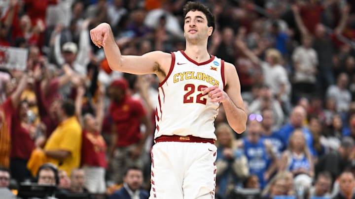 Mar 22, 2026; St. Louis, MO, USA; Iowa State Cyclones forward Milan Momcilovic (22) celebrates after a play during the second half against the Kentucky Wildcats during a second round game of the men's 2026 NCAA Tournament at Enterprise Center.