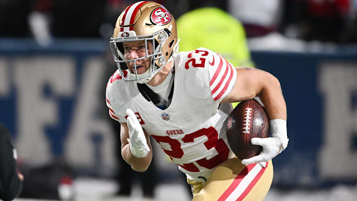 San Francisco 49ers running back Christian McCaffrey (23) warms up before a game against the Buffalo Bills at Highmark Stadium.