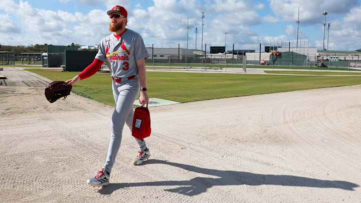 Feb 14, 2026; Jupiter, FL, USA; St. Louis Cardinals starting pitcher Dustin May (3) arrives for a workout during spring training at Roger Dean Chevrolet Stadium. Mandatory Credit: Sam Navarro-Imagn Images