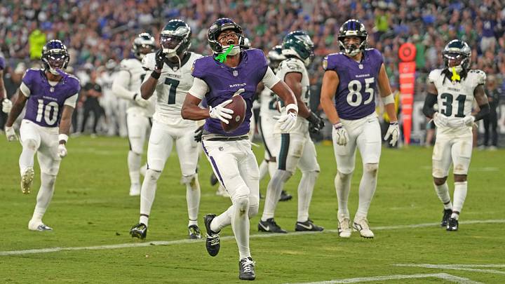Aug 15, 2026; Baltimore, Maryland, USA; Baltimore Ravens wide receiver Ja’Kobi Lane (6) reacts following his touchdown catch during the second quarter against the Philadelphia Eagles at M&T Bank Stadium. Mandatory Credit: Mitch Stringer-Imagn Images Aug 15, 2026; Baltimore, Maryland, USA; Baltimore Ravens wide receiver Ja’Kobi Lane (6) reacts following his touchdown catch during the second quarter against the Philadelphia Eagles at M&T Bank Stadium. Mandatory Credit: Mitch Stringer-Imagn Images