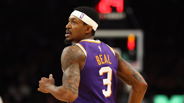 Dec 27, 2024; Phoenix, Arizona, USA; Phoenix Suns guard Bradley Beal (3) against the Dallas Mavericks at Footprint Center. Mandatory Credit: Mark J. Rebilas-Imagn Images