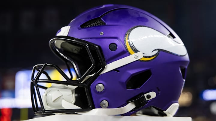 Jan 13, 2025; Glendale, AZ, USA; Detailed view of a Minnesota Vikings helmet during an NFC wild card game at State Farm Stadium. Mandatory Credit: Mark J. Rebilas-Imagn Images
