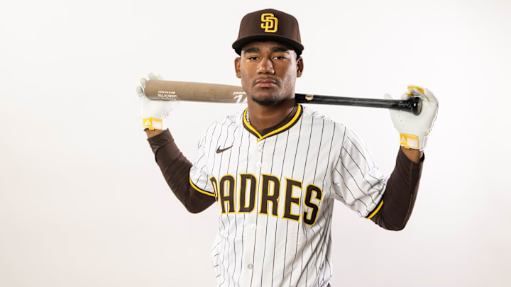 Feb 19, 2025; Peoria, AZ, USA; San Diego Padres infielder Leodalis De Vries poses for a portrait during Media Day at Peoria Sports Complex. Mandatory Credit: Mark J. Rebilas-Imagn Images Feb 19, 2025; Peoria, AZ, USA; San Diego Padres infielder Leodalis De Vries poses for a portrait during Media Day at Peoria Sports Complex. Mandatory Credit: Mark J. Rebilas-Imagn Images