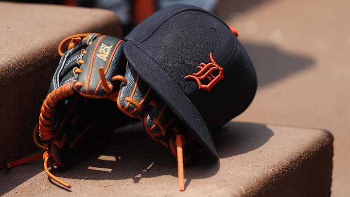 Jun 2, 2019; Atlanta, GA, USA; A Detroit Tigers hat and glove is shown in their dugout before their game against the Atlanta Braves at SunTrust Park.
