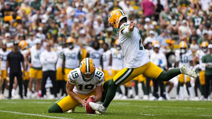 Aug 24, 2024; Green Bay, Wisconsin, USA;  Green Bay Packers kicker Greg Joseph (2) during the game against the Baltimore Ravens at Lambeau Field. Mandatory Credit: Jeff Hanisch-Imagn Images