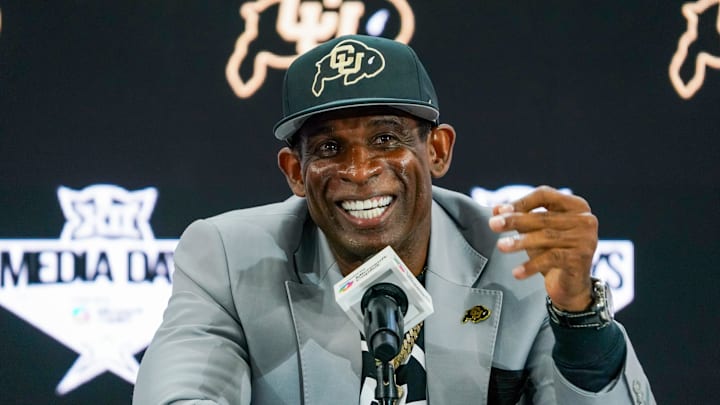 Deion Sanders speaks to the media at Big 12 Football Media Days.